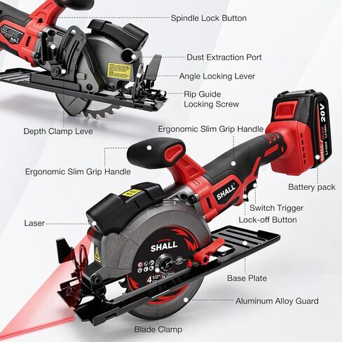SHALL 20V Cordless Mini Circular Saw, 4-1/2’’ 4000RPM Power Circular Saw with 4.0Ah Battery, Laser Guide, 3 Saw Blades Max Cutting Depth 1-11/16" (90°), 1-1/8" (45°) for Wood, Tile, Plastic in Kuwait