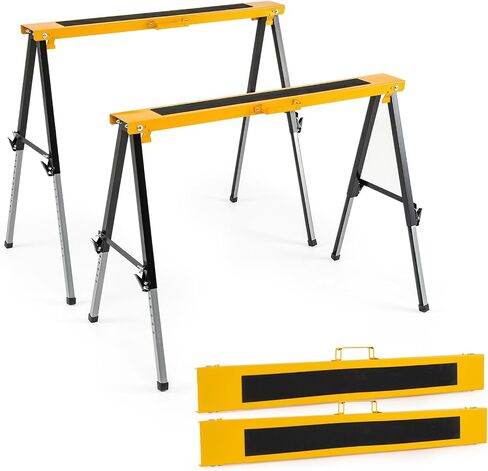 Goplus 2 Pack Folding Saw Horses, Heavy Duty Metal Sawhorse (Yellow) | 12 Adjustable Leg Heights, Carry Handles, Portable Work Horses for Woodworking, Carpenters and Contractors, Fully Assemble in Kuwait