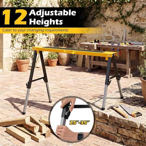 Goplus 2 Pack Folding Saw Horses, Heavy Duty Metal Sawhorse (Yellow) | 12 Adjustable Leg Heights, Carry Handles, Portable Work Horses for Woodworking, Carpenters and Contractors, Fully Assemble in Kuwait
