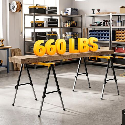 Goplus 2 Pack Folding Saw Horses, Heavy Duty Metal Sawhorse (Yellow) | 12 Adjustable Leg Heights, Carry Handles, Portable Work Horses for Woodworking, Carpenters and Contractors, Fully Assemble in Kuwait