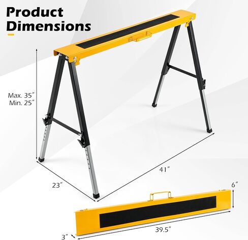 Goplus 2 Pack Folding Saw Horses, Heavy Duty Metal Sawhorse (Yellow) | 12 Adjustable Leg Heights, Carry Handles, Portable Work Horses for Woodworking, Carpenters and Contractors, Fully Assemble in Kuwait