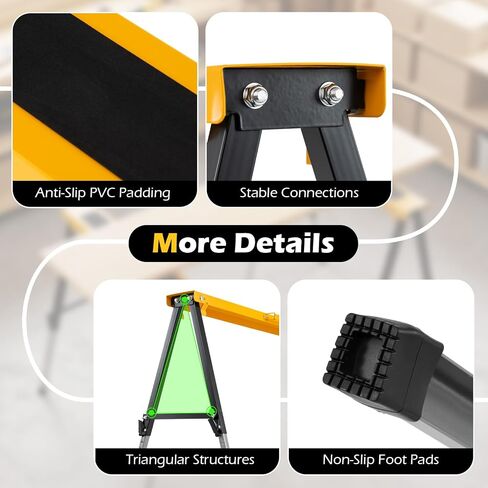 Goplus 2 Pack Folding Saw Horses, Heavy Duty Metal Sawhorse (Yellow) | 12 Adjustable Leg Heights, Carry Handles, Portable Work Horses for Woodworking, Carpenters and Contractors, Fully Assemble in Kuwait