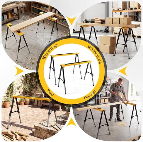 Goplus 2 Pack Folding Saw Horses, Heavy Duty Metal Sawhorse (Yellow) | 12 Adjustable Leg Heights, Carry Handles, Portable Work Horses for Woodworking, Carpenters and Contractors, Fully Assemble in Kuwait