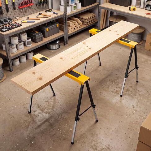 Goplus 2 Pack Folding Saw Horses, Heavy Duty Metal Sawhorse (Yellow) | 12 Adjustable Leg Heights, Carry Handles, Portable Work Horses for Woodworking, Carpenters and Contractors, Fully Assemble in Kuwait