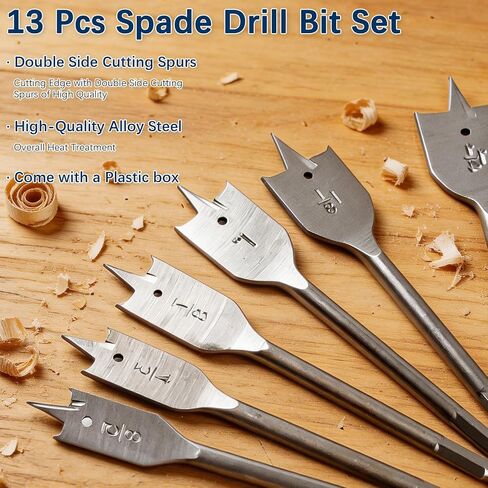 13-Piece Spade Drill Bit Sets, Alloy Steel Paddle Flat Bit with Shank, Flat Wood Hole Cutter Fit for Woodworking, Assorted Bits with Nylon Storage Pouch, 1/4" to 1-1/2" in Kuwait