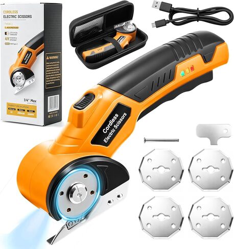4V Cordless Electric Scissors, Rechargeable Box Cutter with 2000mAh Battery, 2 Blades, Safety Lock and LED Light, Perfect for Cardboard, Leather, Fabric and Plastic in Saudi Arabia