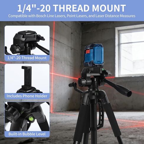 Laser Level Tripod Compatible with Bosch, 18" Adjustable Laser Tripod Stand with 1/4"-20 Thread Mount, Lightweight Tripod with Non-Skid Feet, Collapsible Legs, Carrying Pouch Included in Kuwait