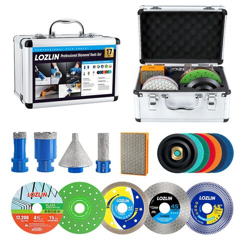 LOZLIN 17PCS Wet Dry Diamond Hole Saw Kit, Brazed Tile Drill & 4.5" Turbo Blades for Porcelain Marble Concrete, Fit Angle Grinder Drill, Aluminum Storage Case in Kuwait