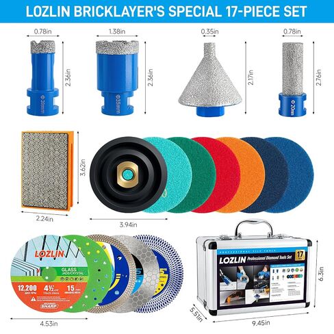 LOZLIN 17PCS Wet Dry Diamond Hole Saw Kit, Brazed Tile Drill & 4.5" Turbo Blades for Porcelain Marble Concrete, Fit Angle Grinder Drill, Aluminum Storage Case in Kuwait