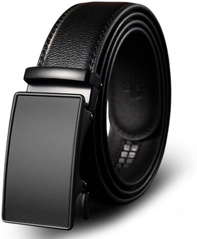 Men's Black Genuine Leather Belts, Automatic Ratchet Buckle Belt, Dress Casual, Trim to Fit, Gift Box in Saudi Arabia