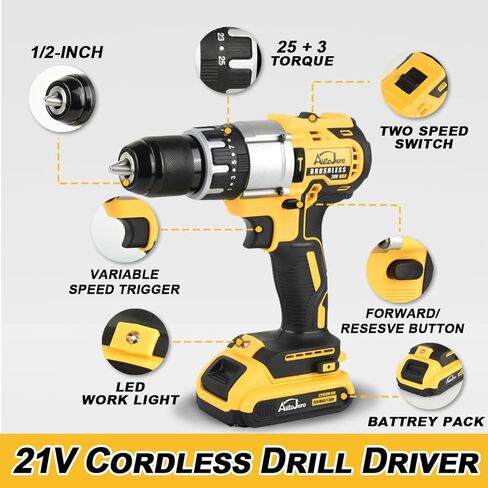 1/2" Cordless Drill Driver 2 Speed Modes 25+3 Clutch 798 in-lbs Power Drill with 24 pcs Accessories 2 x 1.5Ah Li-ion Battery Fast Charger and Carry Case for Home Improvement, DIY Project in Kuwait