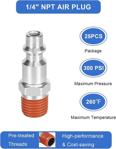 25 Pack Upgraded 1/4" Male NPT Air Hose Quick Connect Fittings, 300PSI Industrial Quick Disconnect Plugs with Pre-Coated Thread Sealant in Kuwait