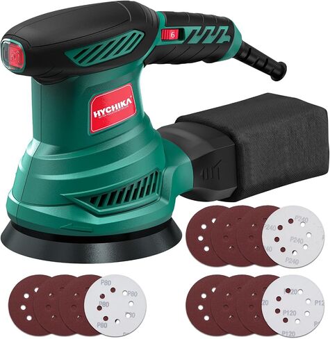 HYCHIKA Orbital Sander with Upgraded Dust-Proof Bearings, 6000-13000 OPM 6 Variable Speeds, 300W Motor Sander 5-Inch with Secure-Lock Dust Bag, 10 Pcs Sandpapers for Furniture Refinishing & DIY in Kuwait