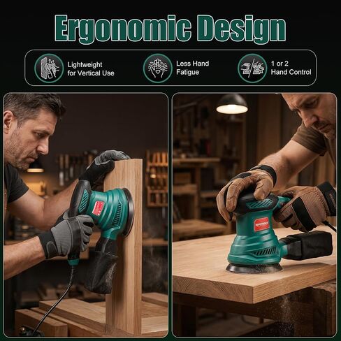 HYCHIKA Orbital Sander with Upgraded Dust-Proof Bearings, 6000-13000 OPM 6 Variable Speeds, 300W Motor Sander 5-Inch with Secure-Lock Dust Bag, 10 Pcs Sandpapers for Furniture Refinishing & DIY in Kuwait
