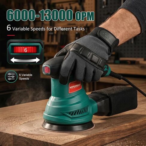 HYCHIKA Orbital Sander with Upgraded Dust-Proof Bearings, 6000-13000 OPM 6 Variable Speeds, 300W Motor Sander 5-Inch with Secure-Lock Dust Bag, 10 Pcs Sandpapers for Furniture Refinishing & DIY in Kuwait
