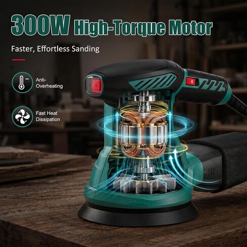 HYCHIKA Orbital Sander with Upgraded Dust-Proof Bearings, 6000-13000 OPM 6 Variable Speeds, 300W Motor Sander 5-Inch with Secure-Lock Dust Bag, 10 Pcs Sandpapers for Furniture Refinishing & DIY in Kuwait