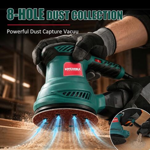 HYCHIKA Orbital Sander with Upgraded Dust-Proof Bearings, 6000-13000 OPM 6 Variable Speeds, 300W Motor Sander 5-Inch with Secure-Lock Dust Bag, 10 Pcs Sandpapers for Furniture Refinishing & DIY in Kuwait