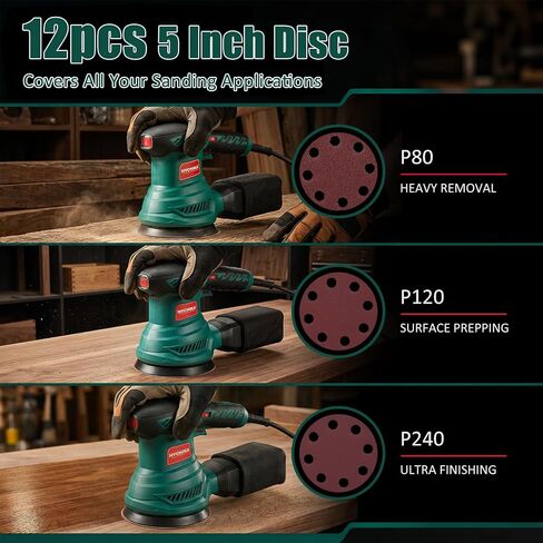 HYCHIKA Orbital Sander with Upgraded Dust-Proof Bearings, 6000-13000 OPM 6 Variable Speeds, 300W Motor Sander 5-Inch with Secure-Lock Dust Bag, 10 Pcs Sandpapers for Furniture Refinishing & DIY in Kuwait