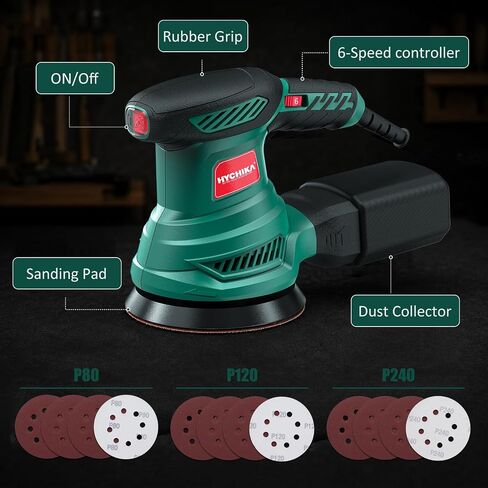 HYCHIKA Orbital Sander with Upgraded Dust-Proof Bearings, 6000-13000 OPM 6 Variable Speeds, 300W Motor Sander 5-Inch with Secure-Lock Dust Bag, 10 Pcs Sandpapers for Furniture Refinishing & DIY in Kuwait