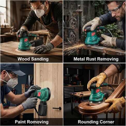 HYCHIKA Orbital Sander with Upgraded Dust-Proof Bearings, 6000-13000 OPM 6 Variable Speeds, 300W Motor Sander 5-Inch with Secure-Lock Dust Bag, 10 Pcs Sandpapers for Furniture Refinishing & DIY in Kuwait