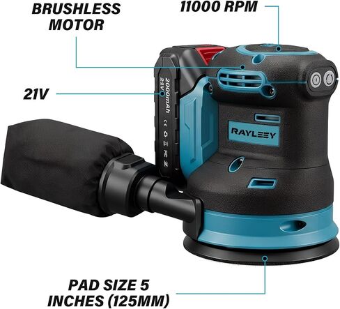 Cordless Random Orbital Sander 5 Inch Brushless Palm Sander with 2 Battery | 3-Speed Max 11000RPM with Dust Collector 15pcs Sanding Discs for Woodworking, Furniture Polishing in Kuwait