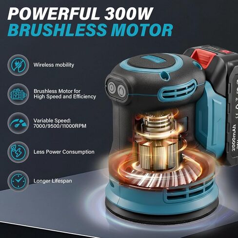 Cordless Random Orbital Sander 5 Inch Brushless Palm Sander with 2 Battery | 3-Speed Max 11000RPM with Dust Collector 15pcs Sanding Discs for Woodworking, Furniture Polishing in Kuwait