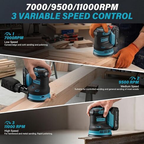 Cordless Random Orbital Sander 5 Inch Brushless Palm Sander with 2 Battery | 3-Speed Max 11000RPM with Dust Collector 15pcs Sanding Discs for Woodworking, Furniture Polishing in Kuwait