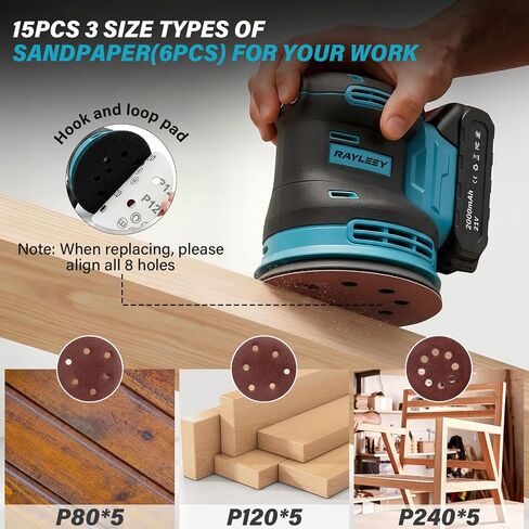 Cordless Random Orbital Sander 5 Inch Brushless Palm Sander with 2 Battery | 3-Speed Max 11000RPM with Dust Collector 15pcs Sanding Discs for Woodworking, Furniture Polishing in Kuwait