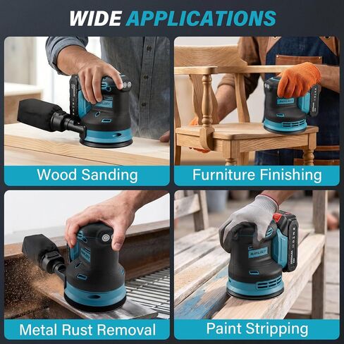 Cordless Random Orbital Sander 5 Inch Brushless Palm Sander with 2 Battery | 3-Speed Max 11000RPM with Dust Collector 15pcs Sanding Discs for Woodworking, Furniture Polishing in Kuwait