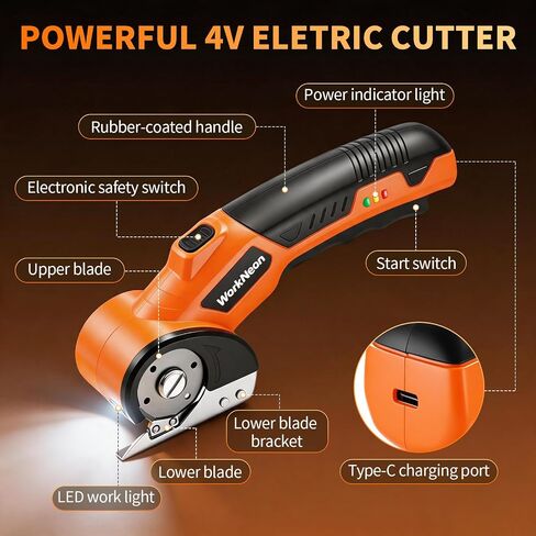 4V Cordless Electric Scissors, Rechargeable Cutter with 2 Blades | Cardboard Box Cutter with 2 Blades, USB Charging Cable, Rotary Cutter for Cardboard, Fabric, Leather, Plastic in Kuwait