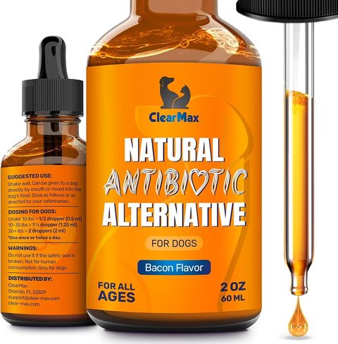 Dog Antibiotics for Infections, Allergies, Coughs – Natural Antibiotics for Dogs with Cranberry & PAU D'Arco Provide Urination & Digestion Care – Natural Ingredients + Bacon Flavor – 2 Oz in Saudi Arabia