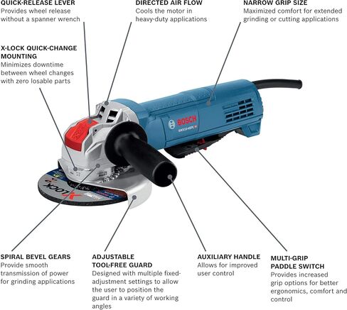 Bosch GWX10 45pe Rt 4 1 Thirds in X Lock Angle Grinder, 10a 120V | 10a 120V Motor, 000 Rpm, X-Lock Quick Wheel Change, Lock-on Paddle Switch, Tool-Free Guard, 4.6 Lb, Aux Handle in Kuwait
