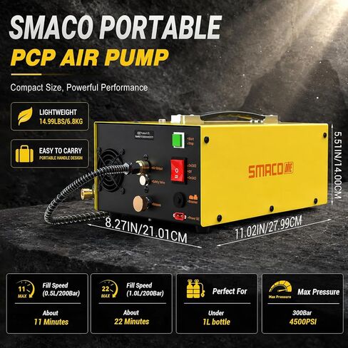 SMACO PCP Air Compressor 4500Psi/30Mpa/300Bar Portable High Pressure Air Compressor for Paintball Tank Scuba Diving PCP Air Rifles Pump with Auto-Stop Dual Power 12V DC & 110V/220V AC in Kuwait
