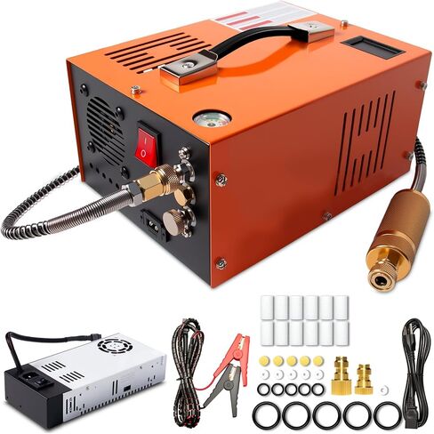 PCP Air Compressor 4500 PSI Portable for Paintball Airgun | Oil-water separator, built-in cooling fan, external power supply. Fits PCP air rifles, paintball tanks, scuba tanks in Kuwait
