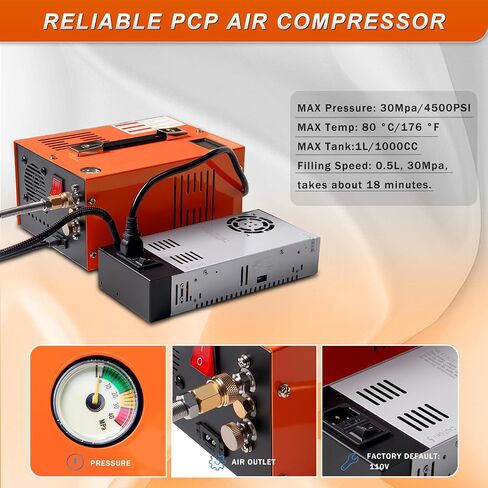 PCP Air Compressor 4500 PSI Portable for Paintball Airgun | Oil-water separator, built-in cooling fan, external power supply. Fits PCP air rifles, paintball tanks, scuba tanks in Kuwait