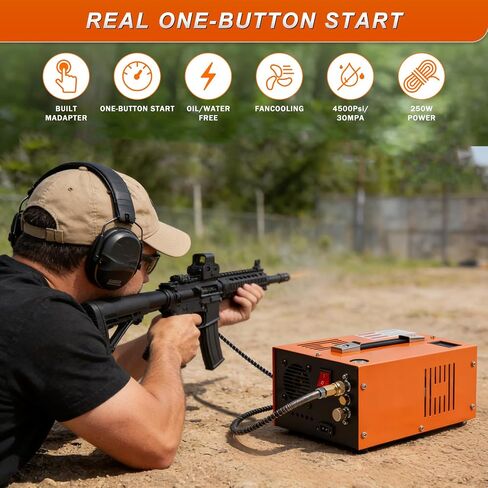PCP Air Compressor 4500 PSI Portable for Paintball Airgun | Oil-water separator, built-in cooling fan, external power supply. Fits PCP air rifles, paintball tanks, scuba tanks in Kuwait