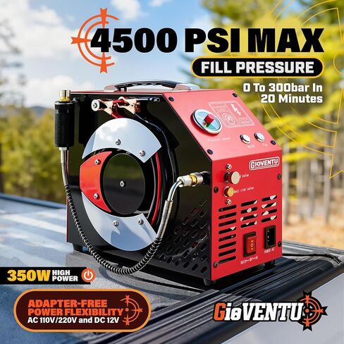 PCP Air Compressor 4500PSI/30MPa, Fast Fill PCP Airgun Compressor, Auto-Shutoff, Oil/Water-Free, Dual Power 12V/110V, 350W Portable PCP Pump for PCP Air Rifles, Paintball Guns, Mini Scuba Tank in Kuwait