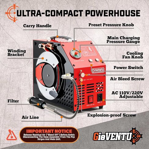 PCP Air Compressor 4500PSI/30MPa, Fast Fill PCP Airgun Compressor, Auto-Shutoff, Oil/Water-Free, Dual Power 12V/110V, 350W Portable PCP Pump for PCP Air Rifles, Paintball Guns, Mini Scuba Tank in Kuwait
