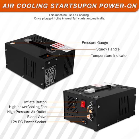 PCP Air Compressor 4500 PSI Portable for Paintball Airgun | Oil-water separator, built-in cooling fan, external power supply. Fits PCP air rifles, paintball tanks, scuba tanks in Kuwait