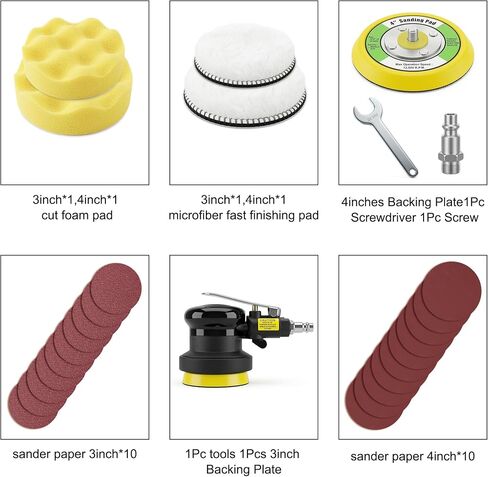 3 inch & 4 inch Air Sander Kit, Pneumatic Random Orbital Sander DA Sander with Sanding Pads, High Speed Palm Sander for Auto Body, Car Polishing, Woodworking, DIY Projects in Kuwait