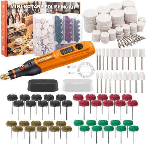 Uolor 145PCS Cordless Polishing Buffing Wheels Kit, Polishing Tool Kit with 100 Wool Buffing Wheels, 40 Abrasive Pads, 5 Variable Speeds 5000-20000RPM, USB-C Rechargeable Rotary Polisher in Kuwait