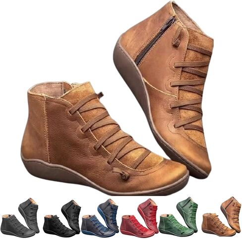 Ankle Short Boots For Women 2026 Lace Up Low Heel Arch Support | Side Zipper Leather Comfortable Arch Support Flat Booties Round Toe Slip On Winter Walking Dressy Outdoor Shoes in Kuwait