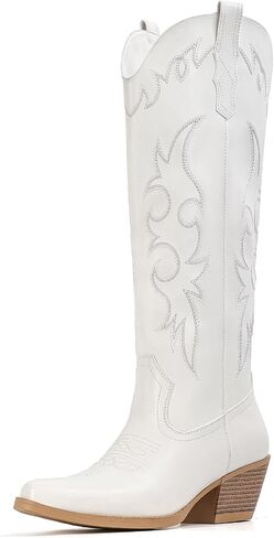 Cowboy Boots for Women Knee High Wide Calf Cowgirl Boots | Cowboy Boots for Women Knee High Cowgirl Boots Chunky Heel Pointed Toe With Embroidered Western Shoes in Kuwait