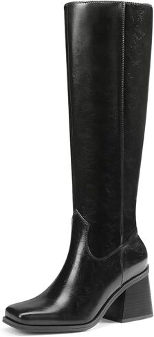 Knee High Boots for Women Chunky Heel Square Toe Tall Fall Boots | PU Upper, 2.7-Inch Block Heel, Fall Long Booties, Square Toe Design, Side Zipper, Slip-Resistant, Dress, Office, Date Night in Kuwait