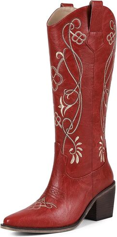 Dark Brown Boots for women Pointed Toe Chunky Heel Western Cowgirl Boots in Kuwait