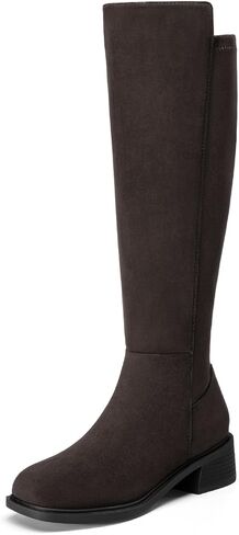 Athlefit Knee High Boots Women Stretch Tall Flat Boots with Side Zipper | PU/Suede, Side zip, Easy On/Off, 1.18 inch Block Heel, 5mm Cushion, Square toe, Versatile for Fall, Riding, Work, Women Boots in Kuwait
