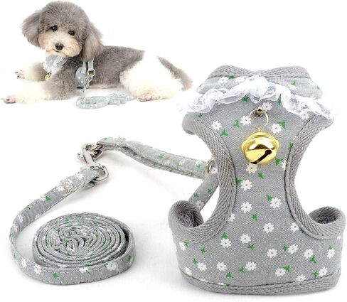 Lace Trim Collar Bell Girls Small Dog Vest Harness and Leash Set for Walking Escape Proof Kitten Cat Harness No Pull Soft Mesh Padded Adjustble Puppy Summer Clothes,Grey Flowers,Small in Saudi Arabia