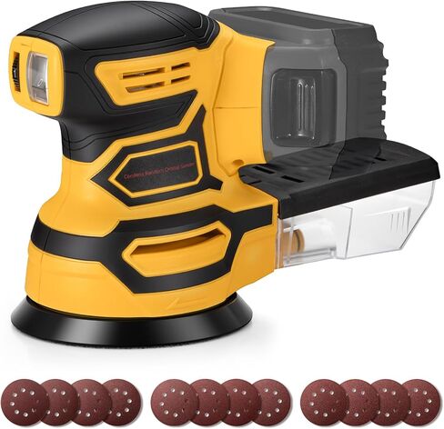 Cordless Random Orbital Sander for Dewalt 20V Battery, Brushless 5-Inch Sander with 6 Variable Speeds, 6000-12000 OPM, Dust Collection Box & 12 Sanding Discs (Battery Not Included) (Yellow) in Kuwait