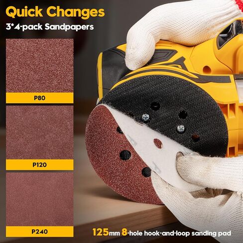 Cordless Random Orbital Sander for Dewalt 20V Battery, Brushless 5-Inch Sander with 6 Variable Speeds, 6000-12000 OPM, Dust Collection Box & 12 Sanding Discs (Battery Not Included) (Yellow) in Kuwait