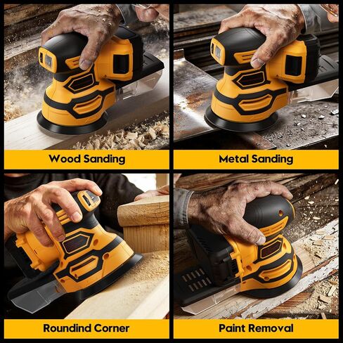 Cordless Random Orbital Sander for Dewalt 20V Battery, Brushless 5-Inch Sander with 6 Variable Speeds, 6000-12000 OPM, Dust Collection Box & 12 Sanding Discs (Battery Not Included) (Yellow) in Kuwait